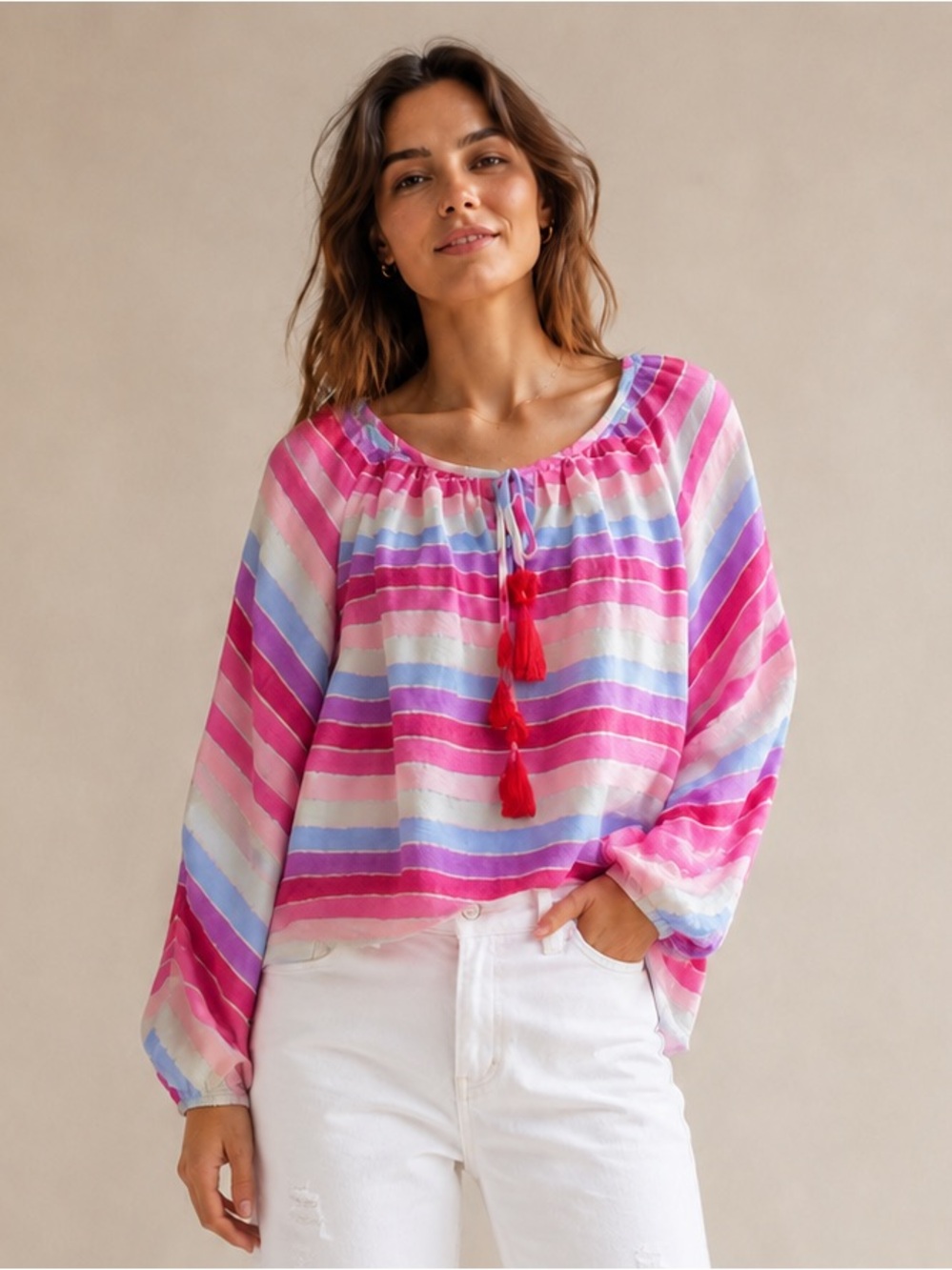 J.Crew Metallic Pastel Stripe Peasant Blouse Tassel Tie Top Size XS